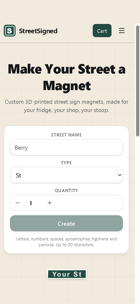 StreetSigned — custom street sign magnet builder