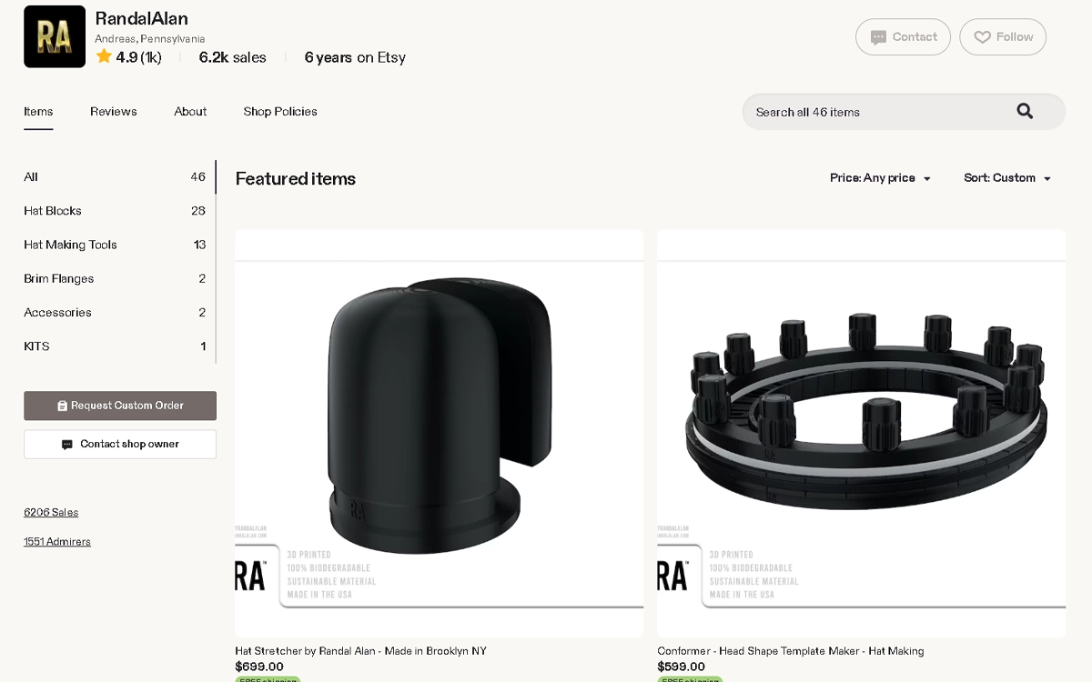 Randal Alan — 3D-printed hat-making tools on Etsy